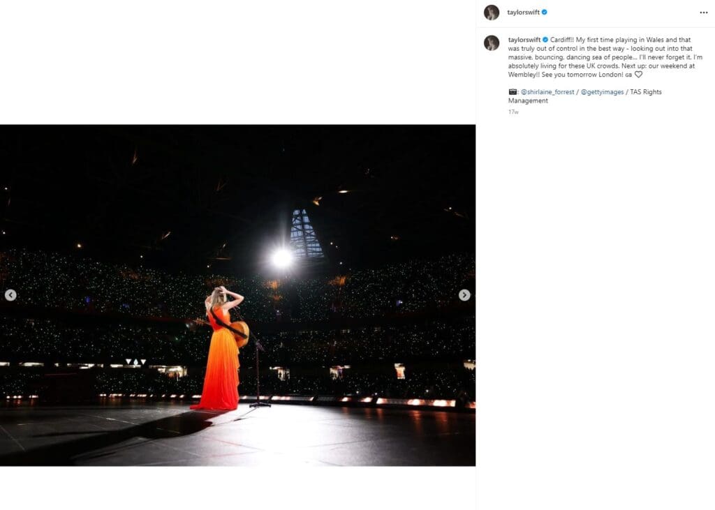 Screenshot of Taylor Swift's Instagram post with a photo of her on stage in Cardiff, thanking the fans who attended that night in the caption.