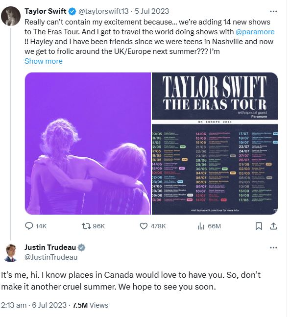 Screenshot of Taylor Swift's X (Twitter) post, announcing further show dates and locations. This is followed by Canadian Prime Minister Justin Trudeau's response, asking for shows in Canada to be added to the schedule.