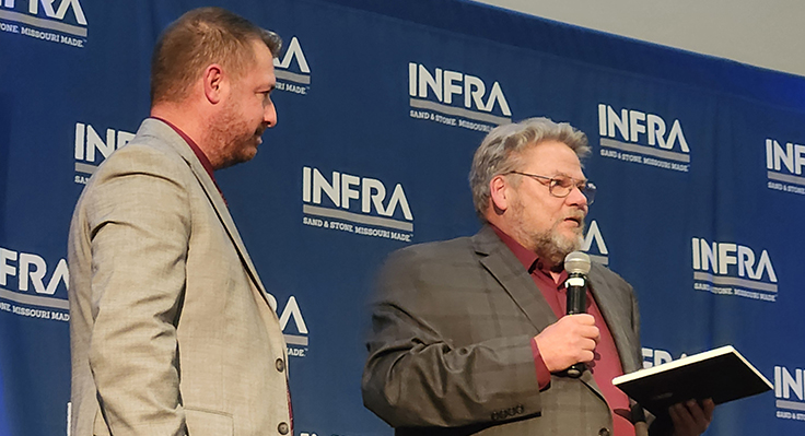 Tower Rock Stone Co.’s Tim Dobbelare (right) took over as president of Infra, formerly the Missouri Limestone Producers Association, at the organization’s December convention. Dobbelare succeeded Capital Aggregates’ Chris Williams (left) in the position. Photo: P&Q Staff