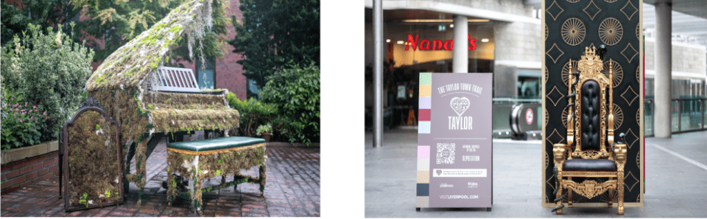 Right image: A piano covered in moss. Left: A gold and black throne.