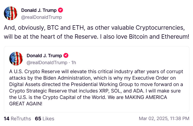 Trump says Bitcoin and Ethereum will 