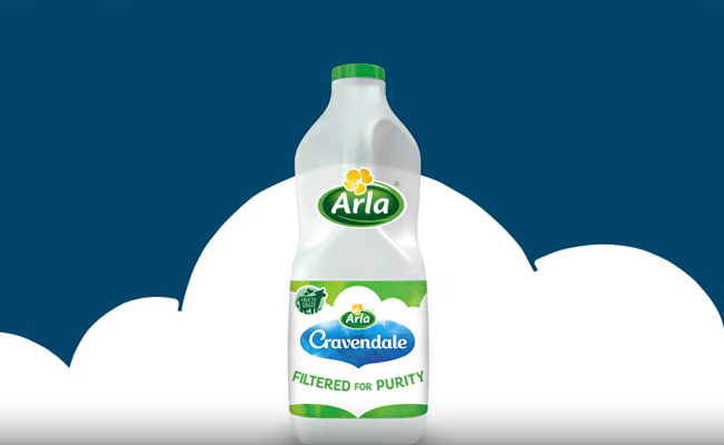 Arla's Cravendale plastic bottle filled with milk.