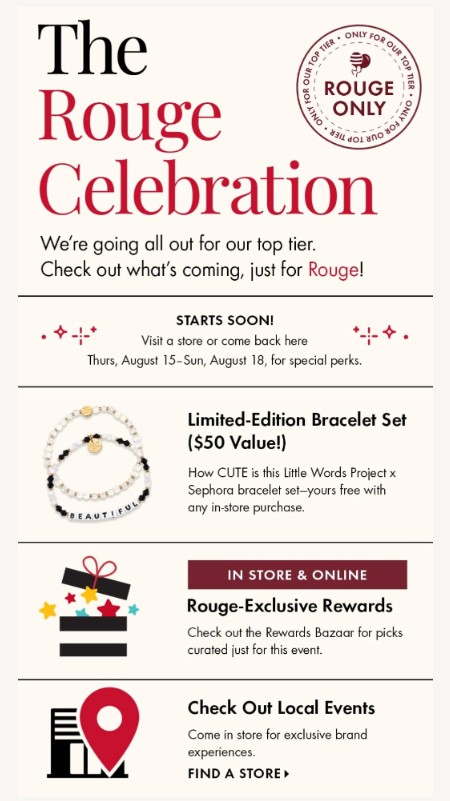 Poster advertising Sephora's "Rouge Celebration", granting exclusive access to their Rouge-tier members.