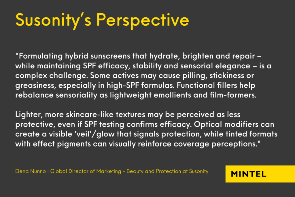 Susonity shares its perspective with Mintel on how BPC brands can improve the skinification of suncare. In this infographic, they discuss the innovation of formulating hybrid sunscreens.
